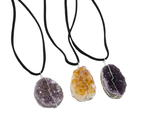 Druse Crystal Pendant on Leather Necklace