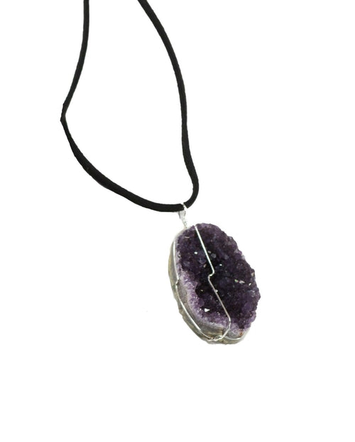 Druse Crystal Pendant on Leather Necklace